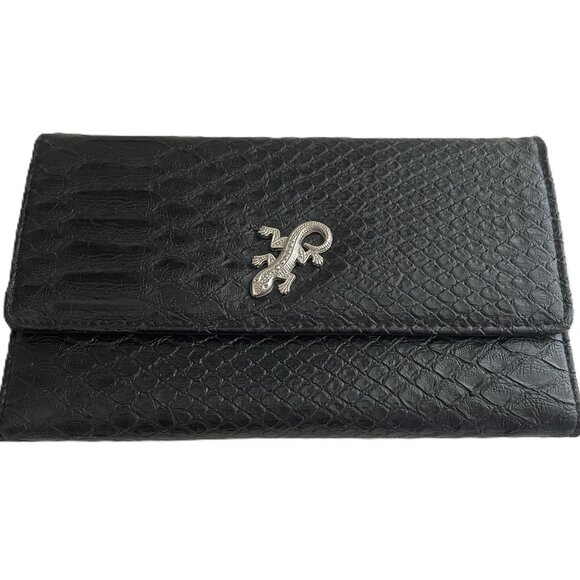 Snakeskin Embossed Vintage Silver Geeko Wallet Black - Picture 1 of 6